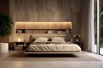 Professional Photo of a Luxury Wooden Bedroom illuminated with Sunlight coming from a Window. Modern Lighting System.