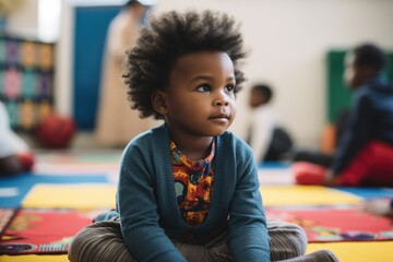 A black-skinned preschooler girl participating in a group circle time in kindergarten, sitting on a colorful mat and listening.  - obrazy, fototapety, plakaty