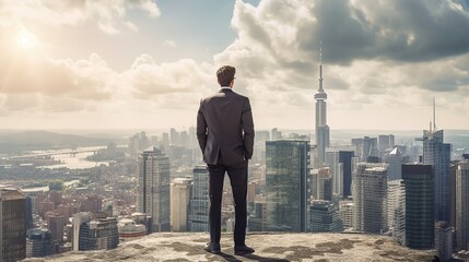 Fototapeta na wymiar Businessman success standing on a roof and looking at city at daylight. AI generated image