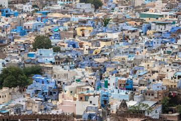 Aerial view of the blue city from Mehrangarh Fort in Jodhpur in Rajasthan, India. on a cloudy day