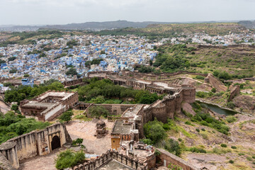 Fototapeta na wymiar Aerial view of the blue city from Mehrangarh Fort in Jodhpur in Rajasthan, India. on a cloudy day