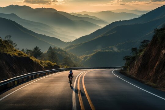 A captivating image of a solo cyclist racing along a winding mountain road, with the backdrop of breathtaking natural scenery, capturing the exhilaration and freedom of outdoor sports.