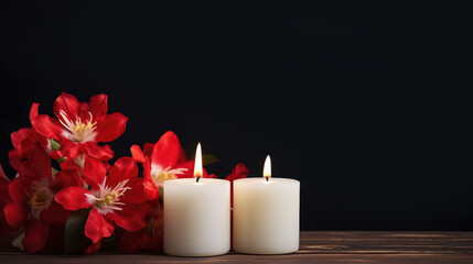 Obraz na płótnie Canvas candles with red flowers on black background, generative ai