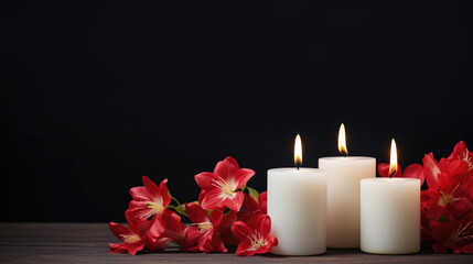 Fototapeta na wymiar candles with red flowers on black background, generative ai
