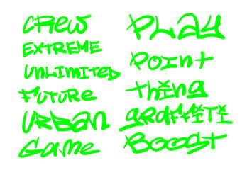 Collection of graffiti street art tags with words and symbols in light green color on white background