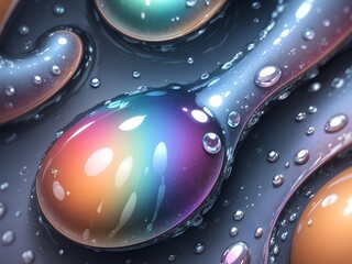 Surreal fluid dynamics: 3D simulation render of rainbow liquid and captivating water droplets in close-up