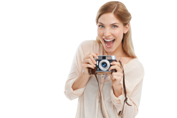 Isolated photographer girl, retro camera and smile for shooting, portrait or art by transparent png background. Woman, photography and journalist job for newspaper, magazine or paparazzi photoshoot