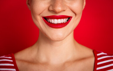 Closeup cropped photo attractive young lady bright red pomade amazing celebrity smiling after...