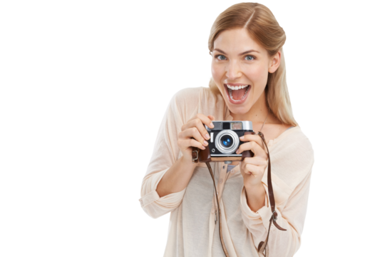 Isolated photographer girl, retro camera and smile for shooting, portrait or art by transparent png background. Woman, photography and journalist job for newspaper, magazine or paparazzi photoshoot