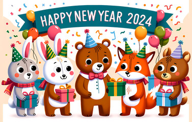 Obraz na płótnie Canvas happy new year card with animals , Generative AI