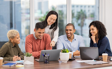 Digital marketing SEO, laptop or business people in meeting planning a group or startup project....