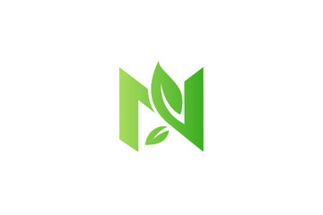 Initial N logo with green leaf combination