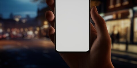 CU Caucasian male using his phone in the street, evening, blank screen mockup