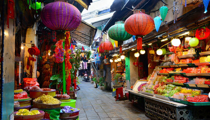 Vibrant Market in an Asian Alley - obrazy, fototapety, plakaty