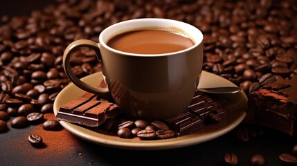 Coffee cup beside chocolate bars.