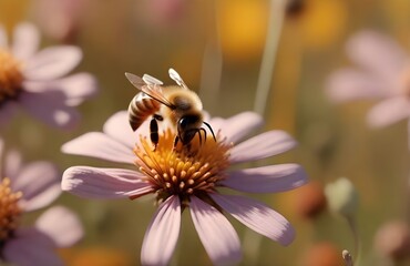 Photo close-up of a bee on a chamomile flower. AI Generated