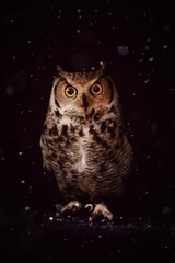 Vertical shot of a brown horned owl perched in the dark under snowfall