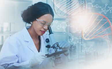 Doctor or scientist use microscope,with molecular and DNA structure and red blood cells sample inside,concept healthcare ,medical,science,technological development application biological system