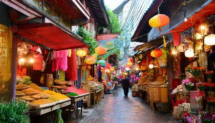 Naklejka premium Vibrant Market in an Asian Alley