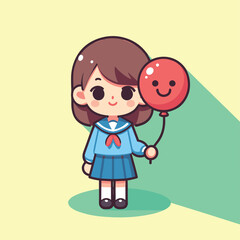 Schoolgirl with Red Balloon Vector Illustration