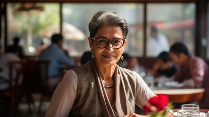 Indian Woman Female Sitting in Restaurant at Lunch Looking at Camera, Smiling with Glasses, Middle Aged Business Woman - obrazy, fototapety, plakaty