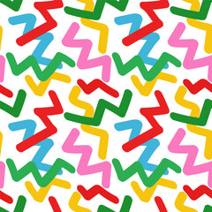 Wavy Seamless cute squiggle Pattern. Colored print of colorful abstract squiggles print, scribble zig zag and wavy lines. Bright Chaotic ink brush scr.ibbles. Vector illustration.