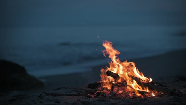 A campfire burns on a deserted sandy beach at the seashore in the evening