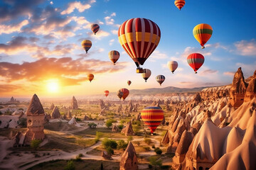 Flight air nature balloon hot travel landscape turkey cappadocia anatolia sky - obrazy, fototapety, plakaty