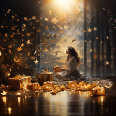 person with christmas with leaf flying around her 