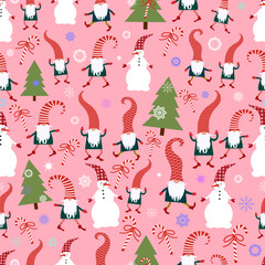 Christmas seamless pattern, gnomes, fir trees, snowflakes, illustration, vector, can be used for fabric, wrapping paper, scrapbooking, textile, posters, banners and other Christmas design.