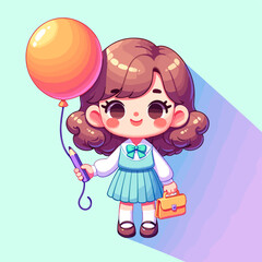 Schoolgirl with Orange Balloon and Pencil Case Vector Design