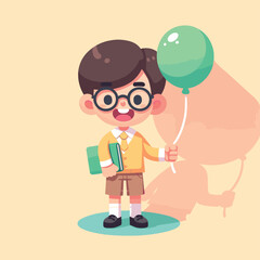 Schoolboy with Green Balloon and Notebook Vector Illustration