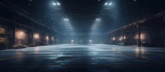 Empty warehouse transformed by striking lighting.