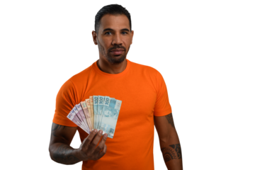 A man holding Brazilian money, wearing a basic orange T-shirt, looks at the camera