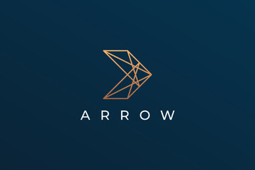 Arrow Logo Image. Gold Geometric Line Arrow Shape isolated on Blue Background. Flat Vector Logo Design Template Element for Business and Technology Logos. - obrazy, fototapety, plakaty