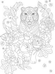 black and white tiger surrounded by flowers. coloring book page - 672302984