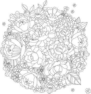 round arrangement of flowers and leaves. coloring book page for