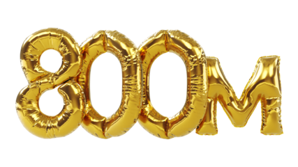 3D render of eight hundred million or 800m isolated on white background, 800M followers thank you, balloons number