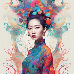 phantasmagoric vibrant chinese fashion model