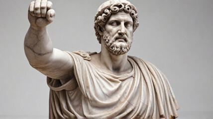 Ancient marble statue of man from Roman era, raised fist