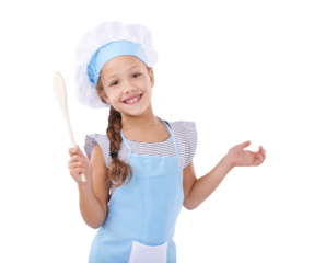 Girl, smile and chef in childhood, portrait and wooden spoon for imagination, prepare food and play. Happy female child, learning and development for fun, isolated and transparent png background