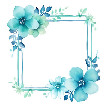 Watercolor blue flower frame illustrations, template wedding invitation card.  Botanic decoration illustration for wedding card, fabric, and logo composition. generative ai