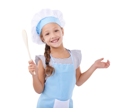 Girl, smile and chef in childhood, portrait and wooden spoon for imagination, prepare food and play. Happy female child, learning and development for fun, isolated and transparent png background