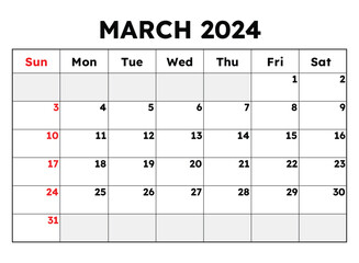 March 2024 calendar. Vector illustration. Monthly planning for your business events