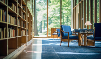 Library with blue chairs and blue book piles.
