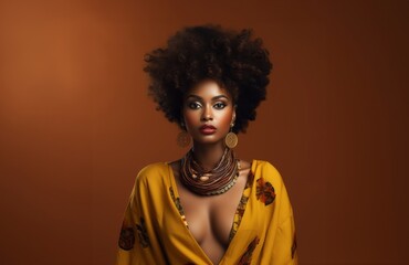 Stunning African American woman with curly hair striking a confident pose on a dark yellow background