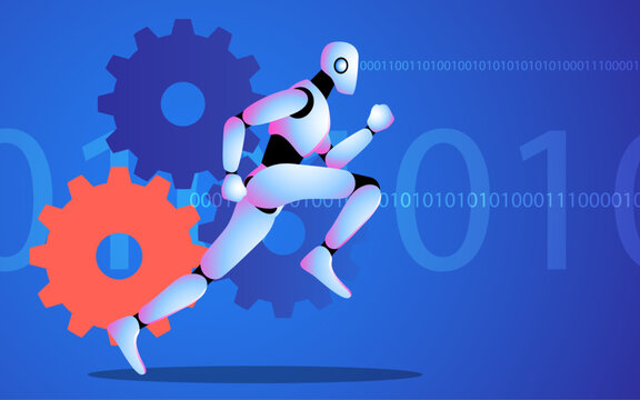 Robot in motion, set against a backdrop of spinning cogwheels and binary code, represents the rapid pace of AI learning and its quest to attain human insights