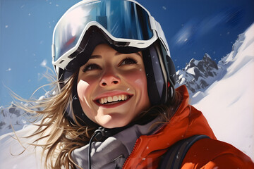 Fototapeta na wymiar snowboarder smiling, young skier, portrait girl snowboarder, ski goggles, close-up photo, Winter holidays, snowboard vacation, Concept travel ski, Snow sports, Copy space available