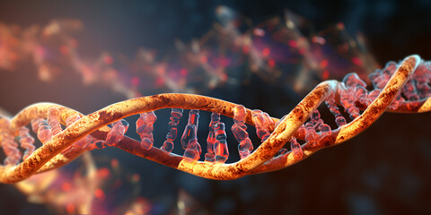 Human Cell Biology Exploring the DNA Structure Human cell biology dna strands molecular structure A rad and purple dna double helix background, generative AI - obrazy, fototapety, plakaty
