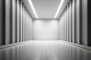 White clean empty interior room with indirect light from right and cornered back walll. 3d rendering. Generative AI.